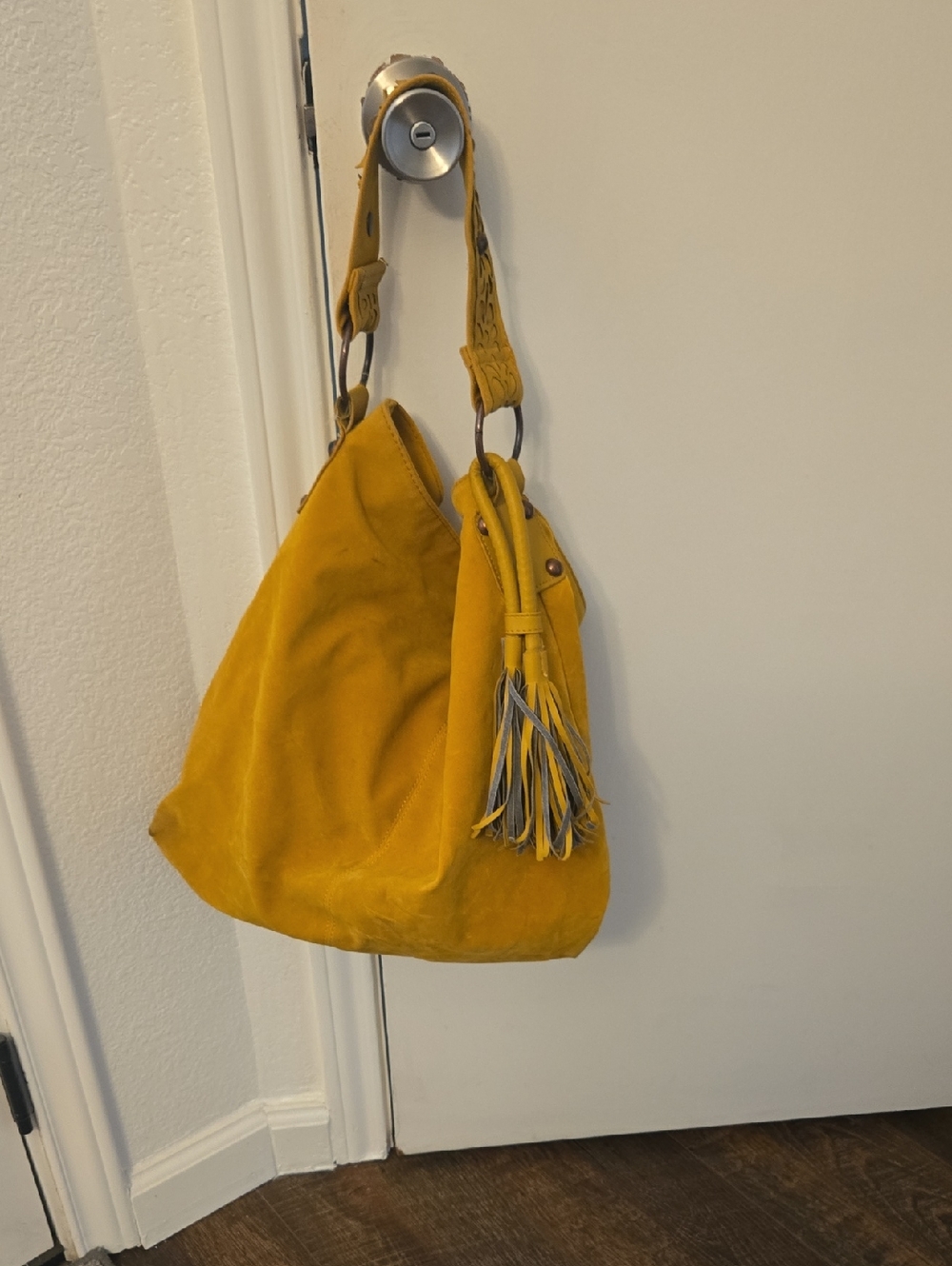 Mustard Yellow Suede Hobo Bag with Tassel